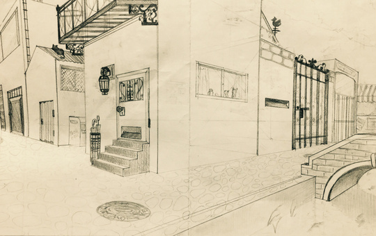 二点透視図法 イラスト デザイン 建物 アナログ 美術 昼休みに学校で描いたもの レトロっぽく描けない.